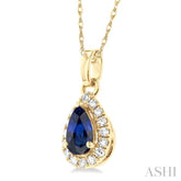5x3 MM Pear Shape Sapphire and 1/20 Ctw Single Cut Diamond Halo Precious Pendant with Chain in 10K Yellow Gold